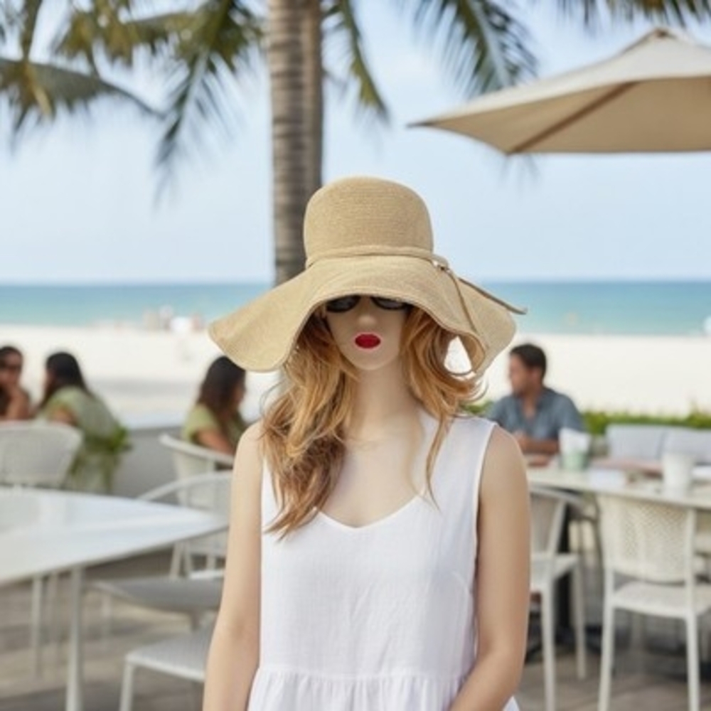 Vintage Beige Woven Bucket Hat Womens Wide Brim Sun Protection Rope Bow One Size
